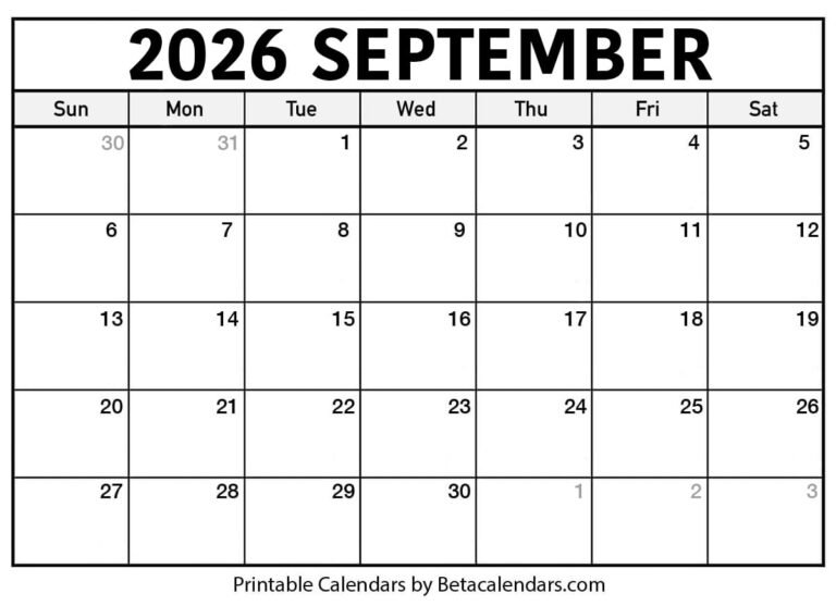 September 2026 Calendar Free Printable