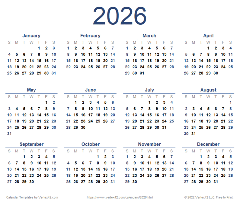 2026 12 Month Calendar Printable
