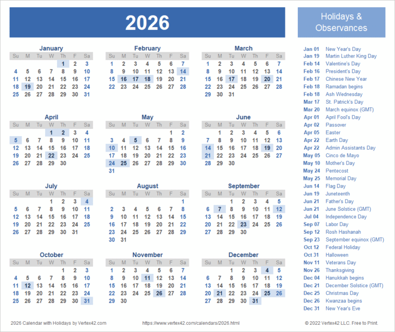 2026 Calendar With Holidays And Festivals