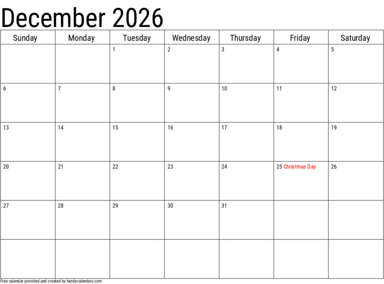 December 2026 Calendar With Holidays Printable Free