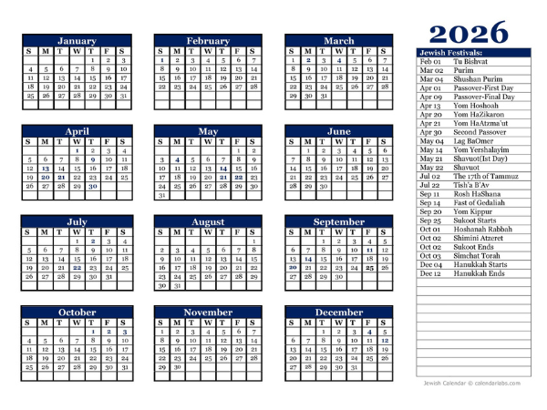 Jewish Holidays 2026 Calendar Printable