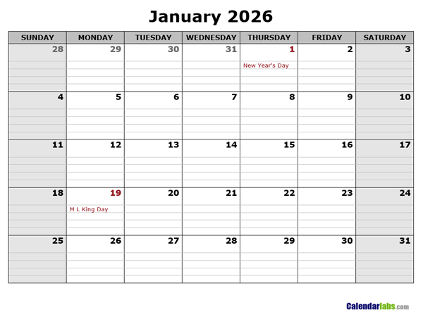 Free Printable Calendar With Lines 2026