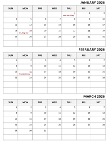 Three Month Calendar 2026 Printable
