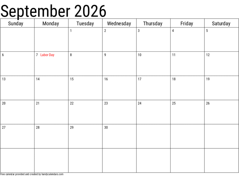 Free Printable September 2026 Calendar With Holidays
