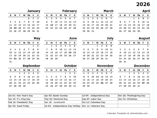 Printable 2026 Calendar With Us Holidays
