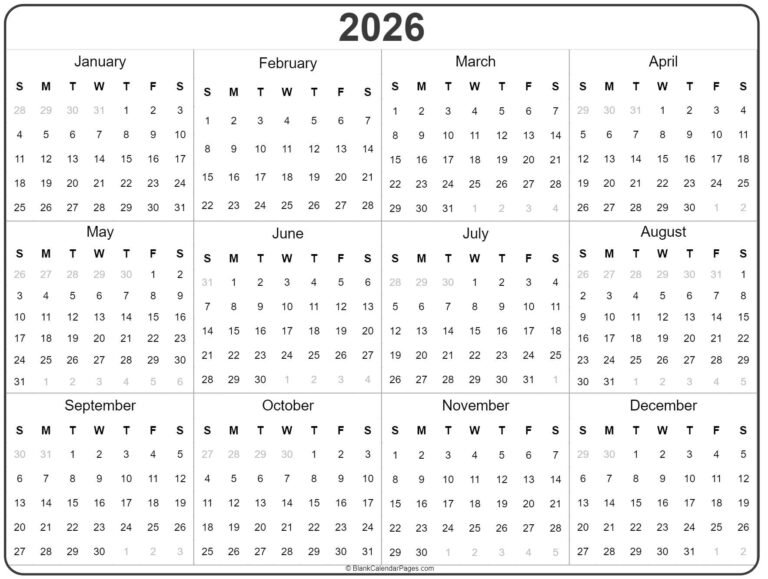 Printable Full Year 2026 Calendar