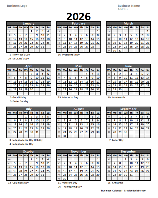 2026 Calendar With Week Numbers Excel