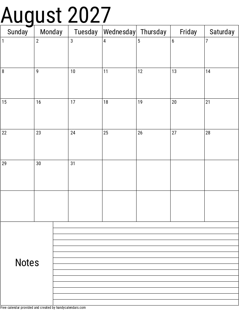 August Calendar 2027 Printable
