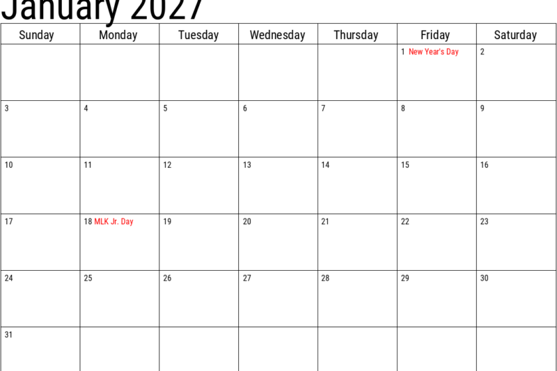 Master Your Time with the Januray 2027 Calendar: Essential Planning Insights