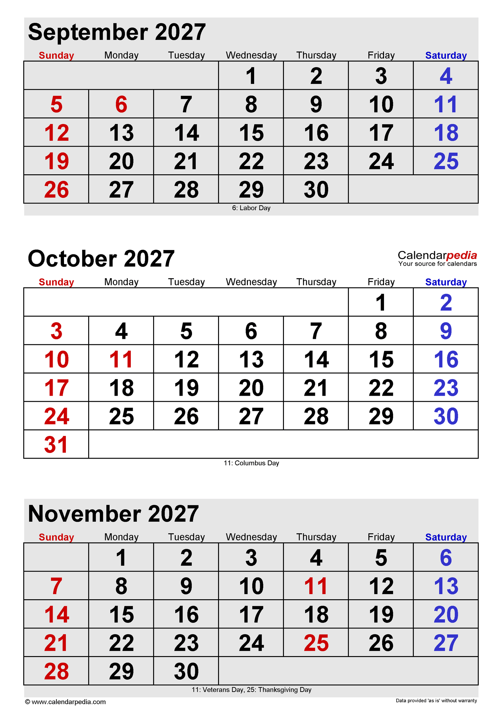 August September October 2027 Calendar