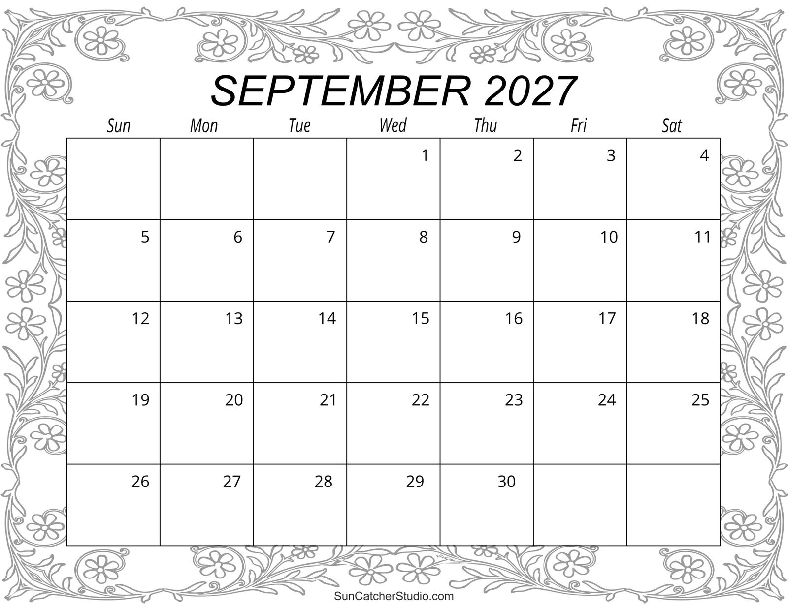 Free Printable Monthly Calendar September 2027
