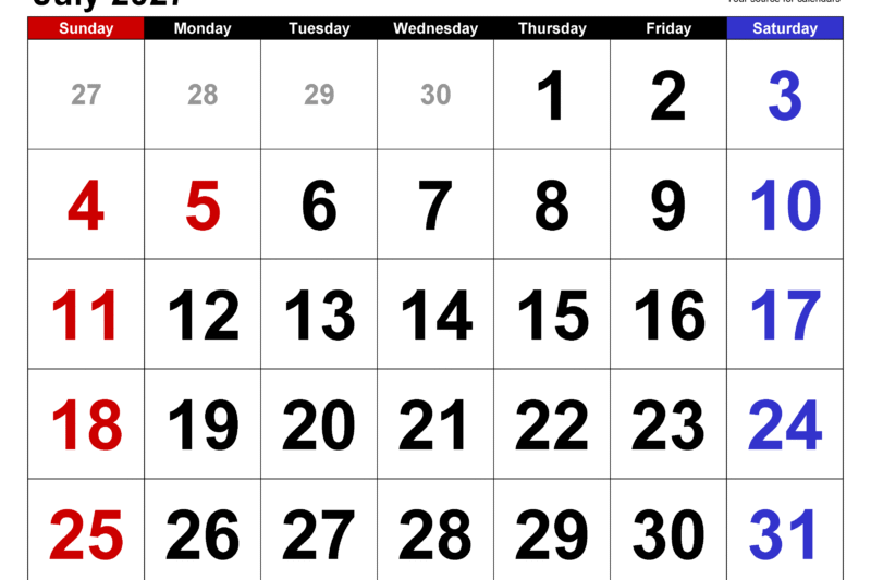 Plan Perfectly with the July Calendar 2027 Printable – Your Ultimate Monthly Organizer
