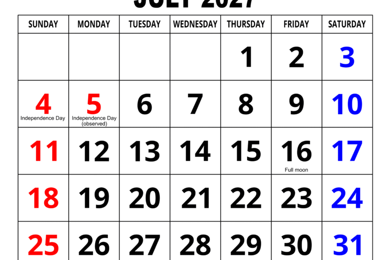 Print July 2027 Calendar: Your Ultimate Guide to Organized Summer Planning