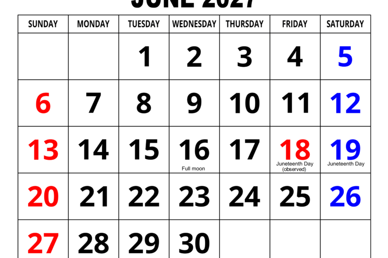 June Calendar 2027 Printable: Your Ultimate Monthly Planner for Success