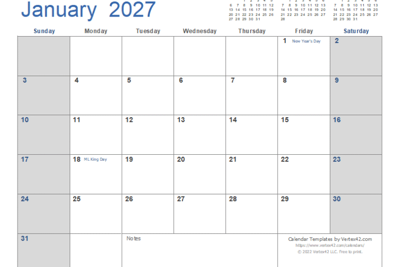 Word Calendar Template 2027