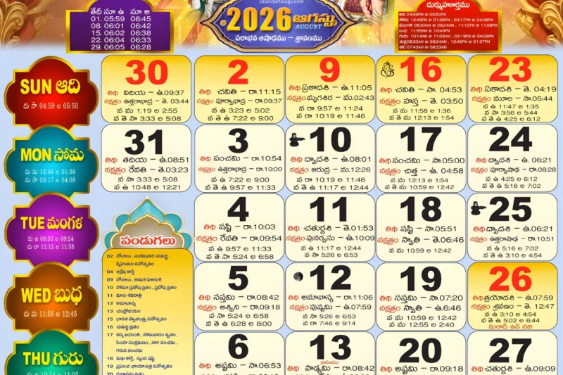 August 2026 Telugu Calendar with Holidays: Key Dates and Festivities