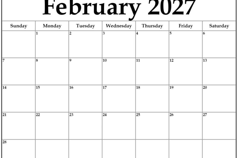 Blank February 2027 Calendar