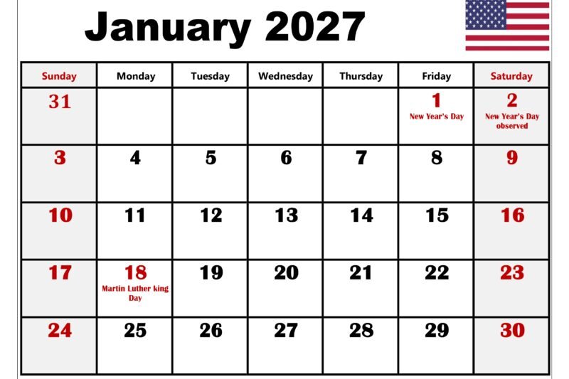 January 2027 Calendar With Holidays