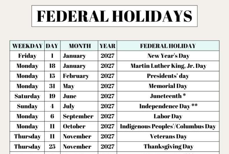 2027 Calendar With Holidays