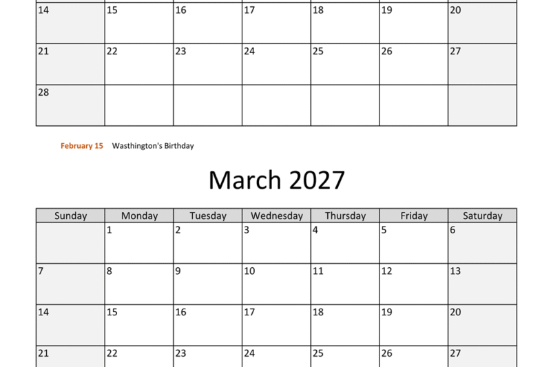 February And March 2027 Calendar