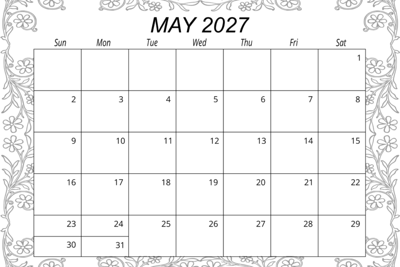 Free Printable Monthly Calendar May 2027
