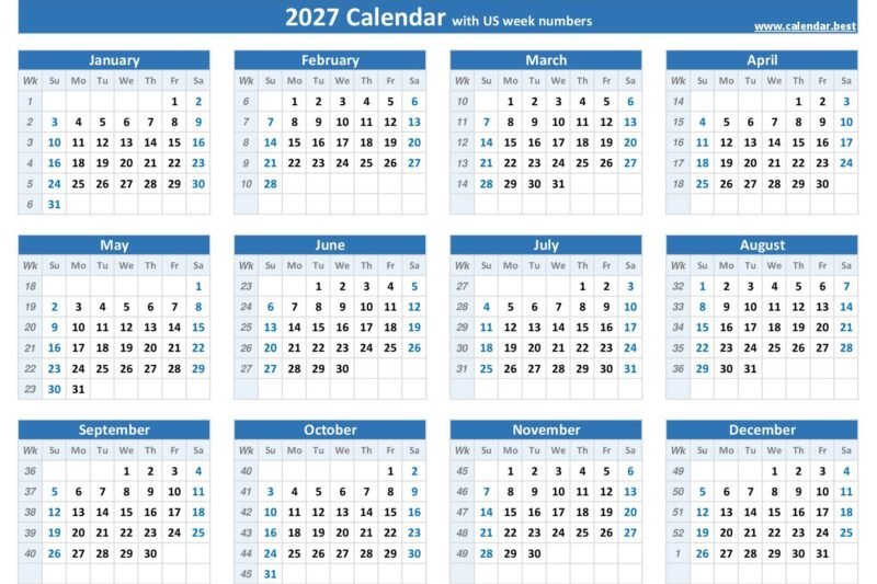 2027 Calendar With Week Numbers