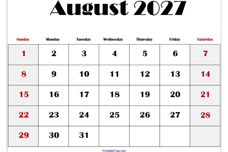 Printable Calendar August 2027