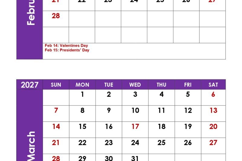 February And March 2027 Calendars