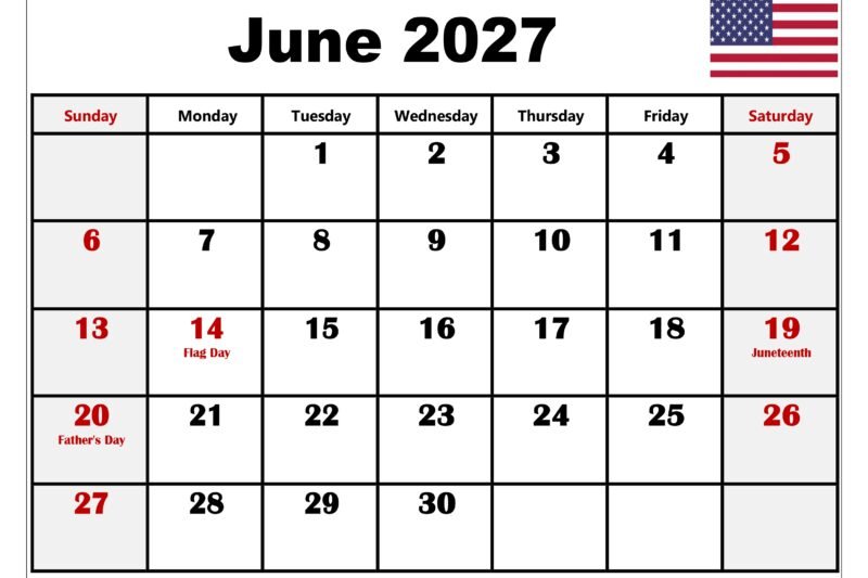 June 2027 Calendar With Holidays