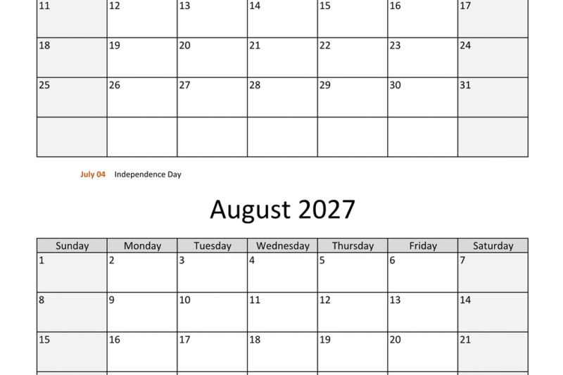 July And August 2027 Calendar
