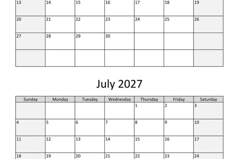 June And July 2027 Calendar