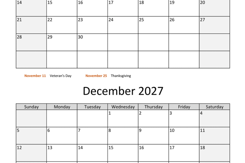November December 2027 Calendar