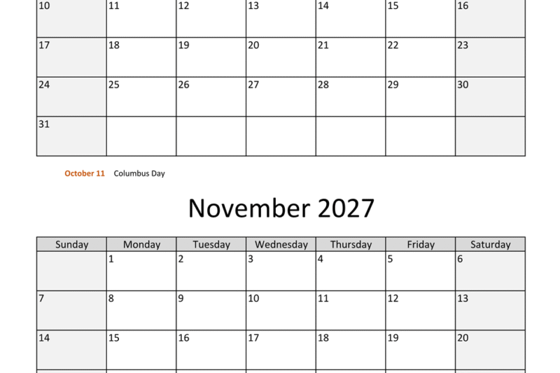 October November 2027 Calendar