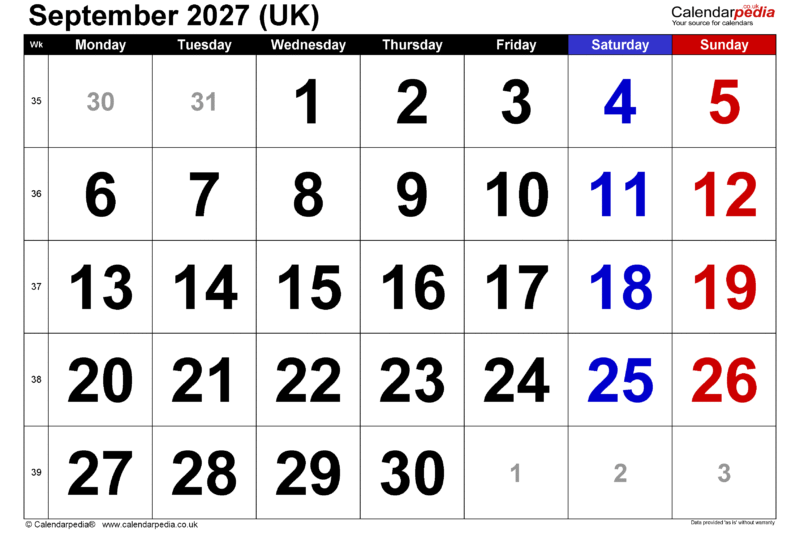 Calendar Of September 2027