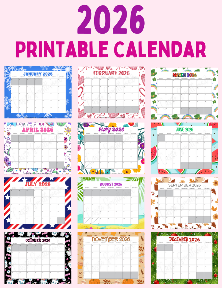Monthly Calendar 2026 Free Printable