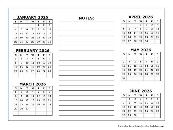 Printable 6 Month Calendar 2026