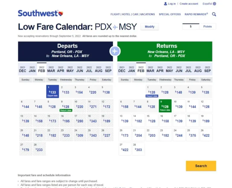 Southwest Low Fare Calendar 2026