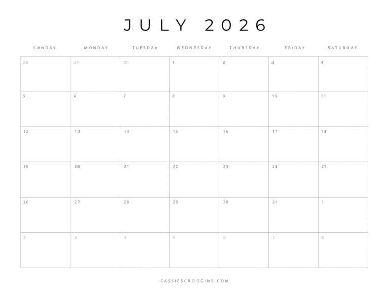 Blank July 2026 Calendar Printable