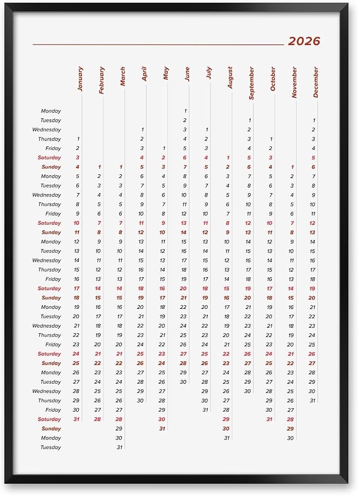 One Page Year Calendar 2026