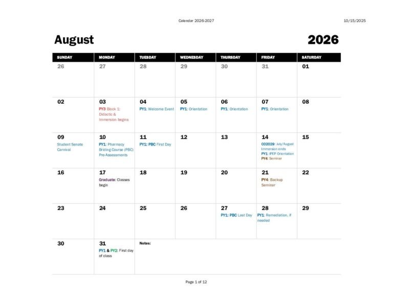Unc Chapel Hill Academic Calendar 2026 27