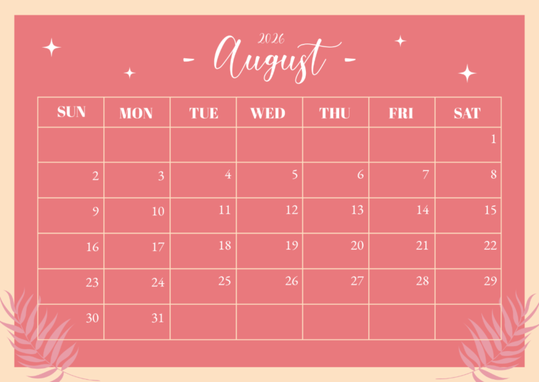 Calendar August 2026 Aesthetic