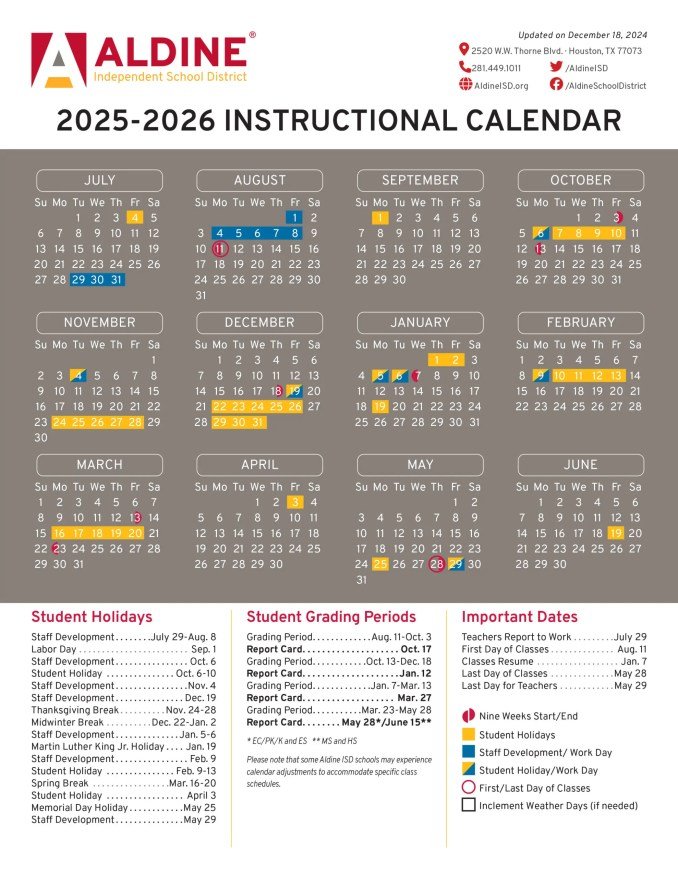 Aldine Isd Calendar 26 27