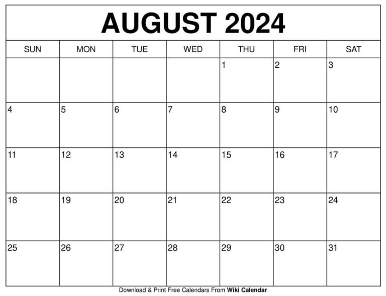 August 24 Calendar Printable