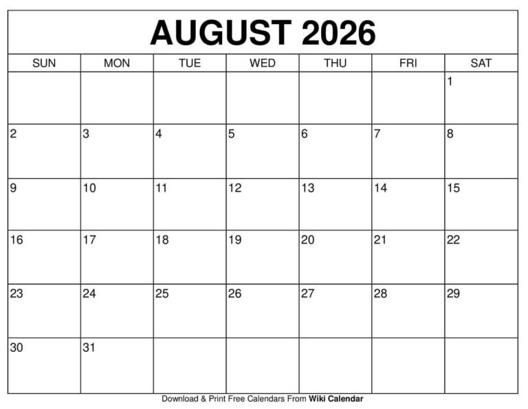 August 2026 Printable Calendar Wiki