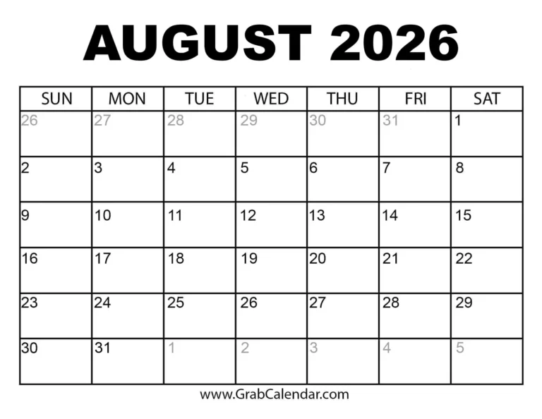 August 2026 Calendar With Days