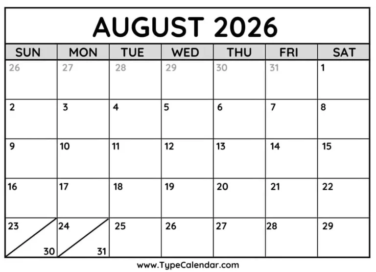 August 2026 Calendar Typecalendar