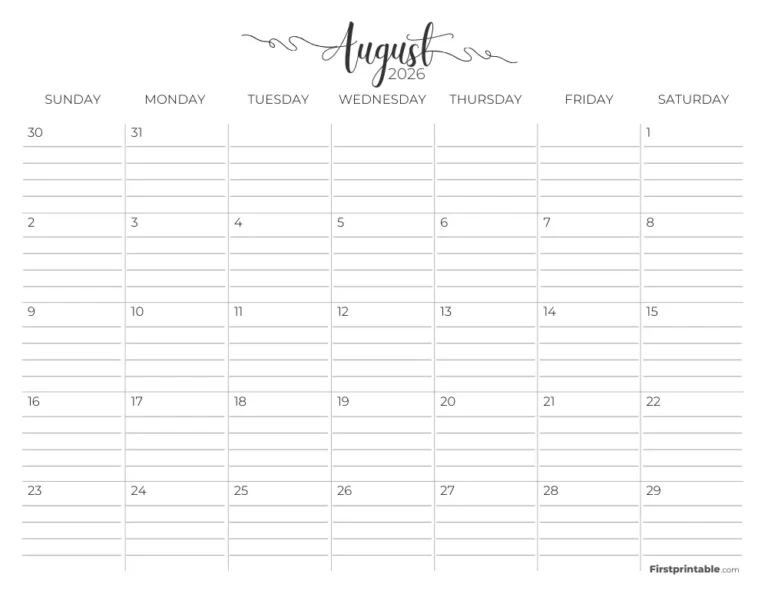 August 2026 Calendar With Lines