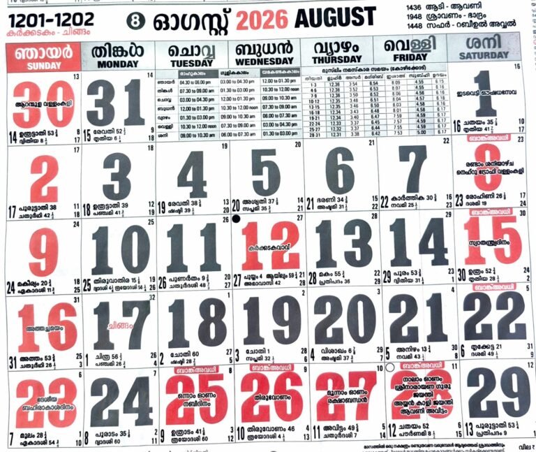 Manorama Calendar 2026 August