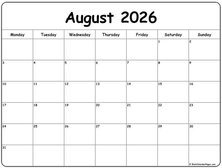 August 2026 Calendar Monday Start