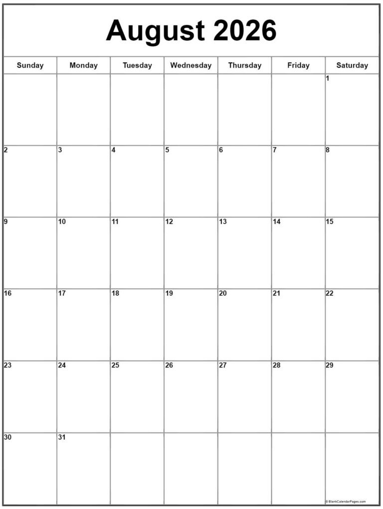 August 2026 Calendar Vertical